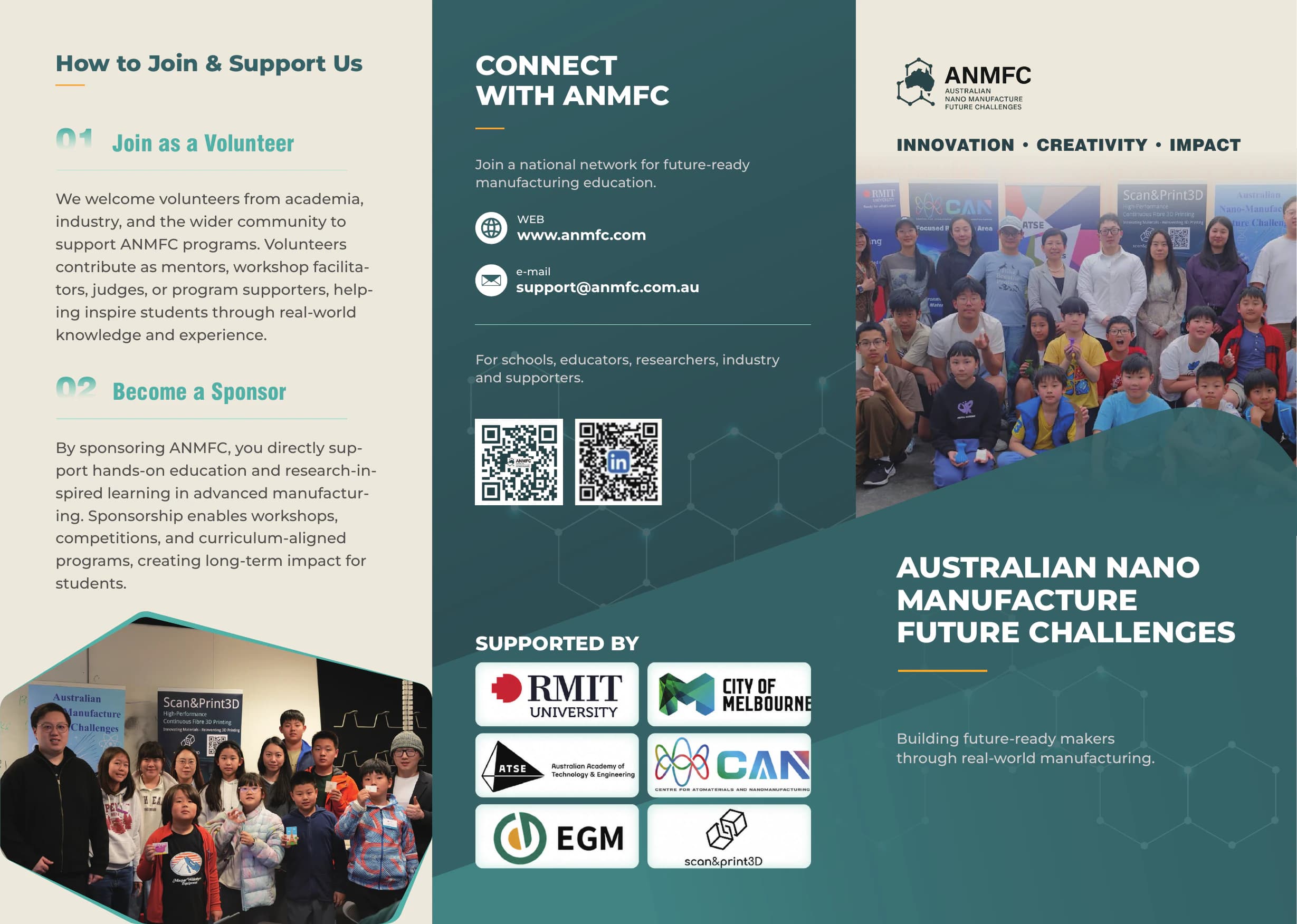 ANMFC brochure page 1, explaining volunteer and sponsorship support, contact details, and programme supporters.