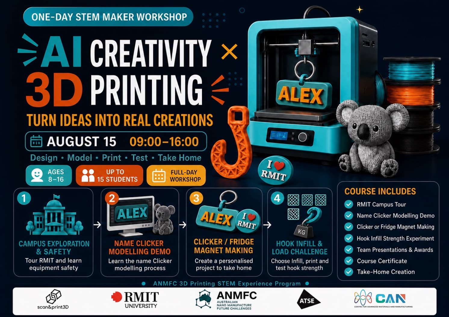 AI Creativity × 3D Printing one-day STEM maker workshop poster