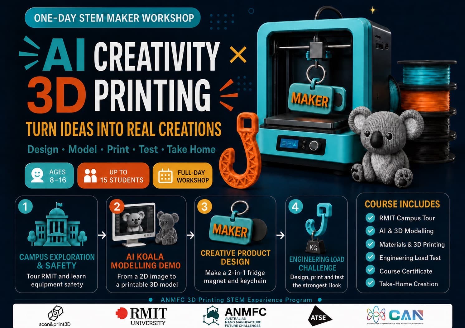 AI Creativity × 3D Printing one-day STEM maker workshop poster