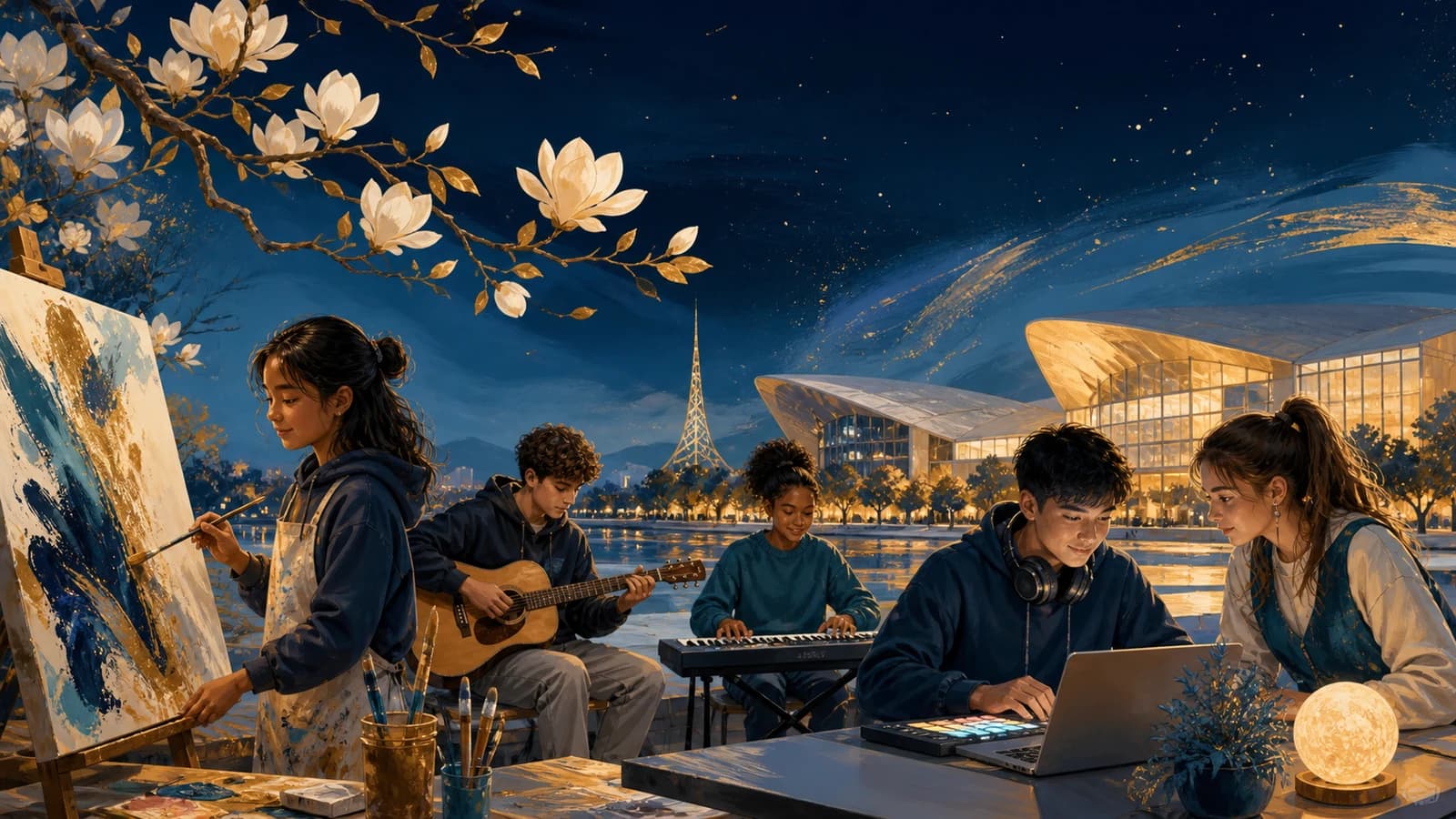 Illustrative skyline and magnolia promotional visual for the 2026 alumni youth talent show