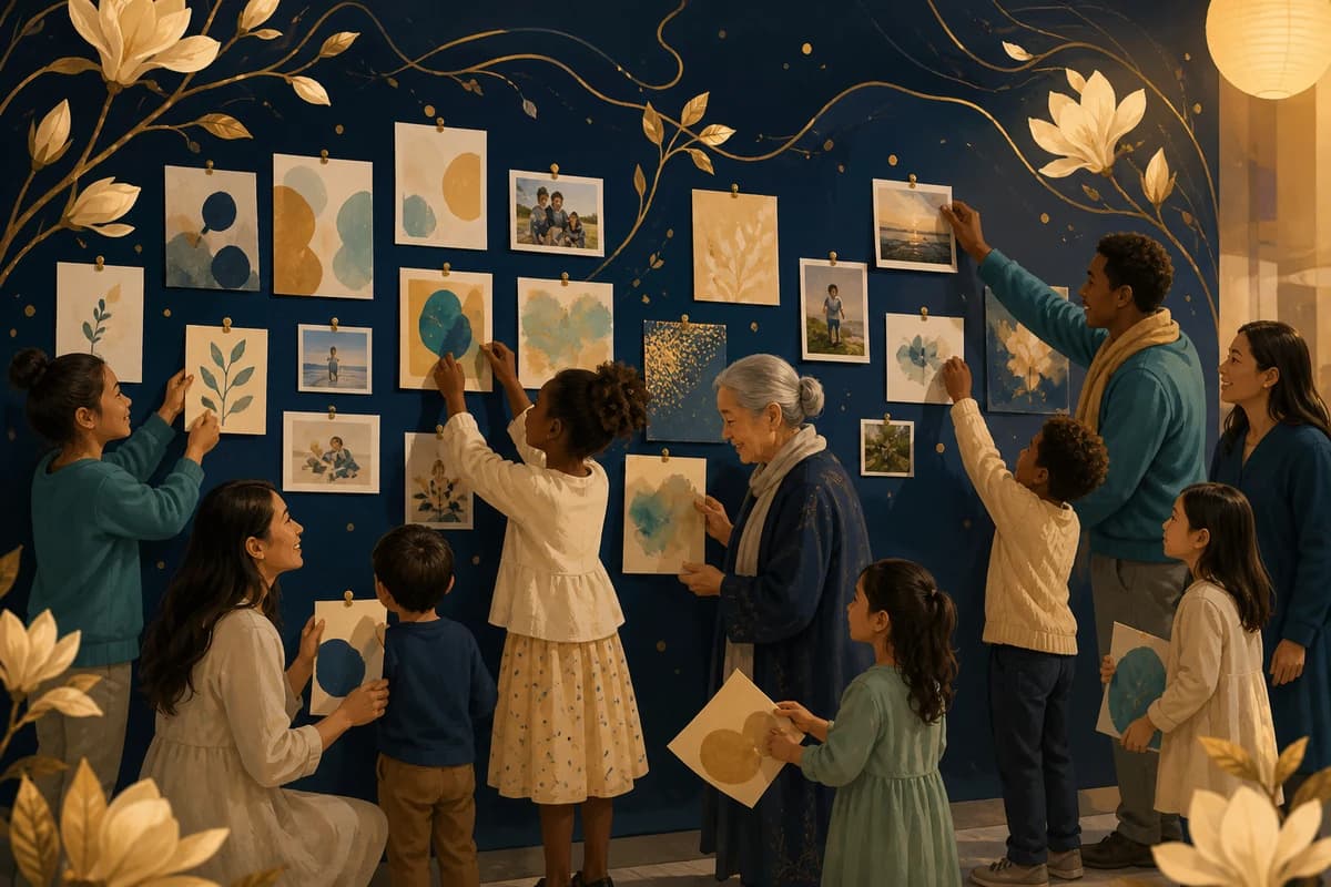 Illustrative youth story wall with artworks and family memories
