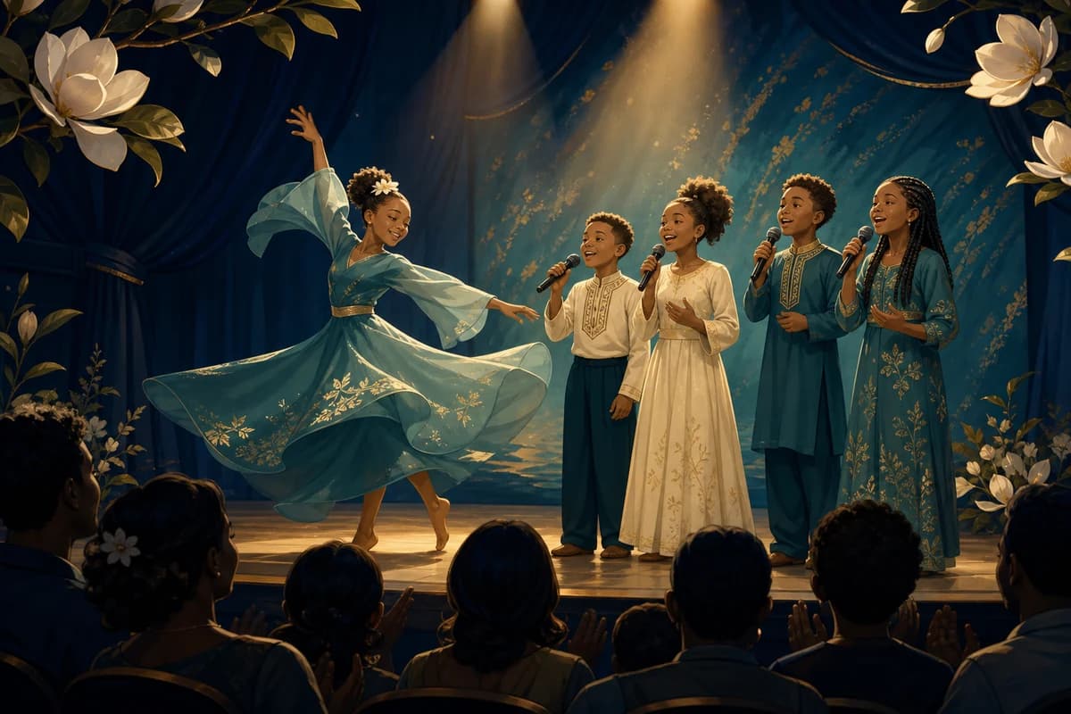 Illustrative youth community stage performance with music and dance